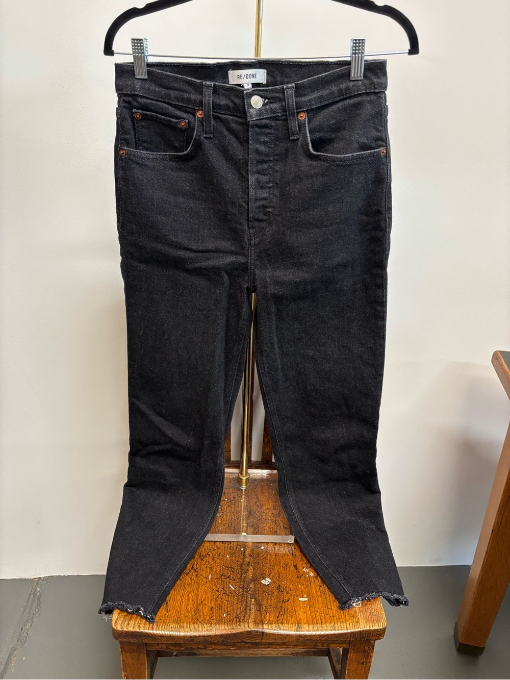 Re/Done Washed Black Denim Jeans with White Logo Patch
